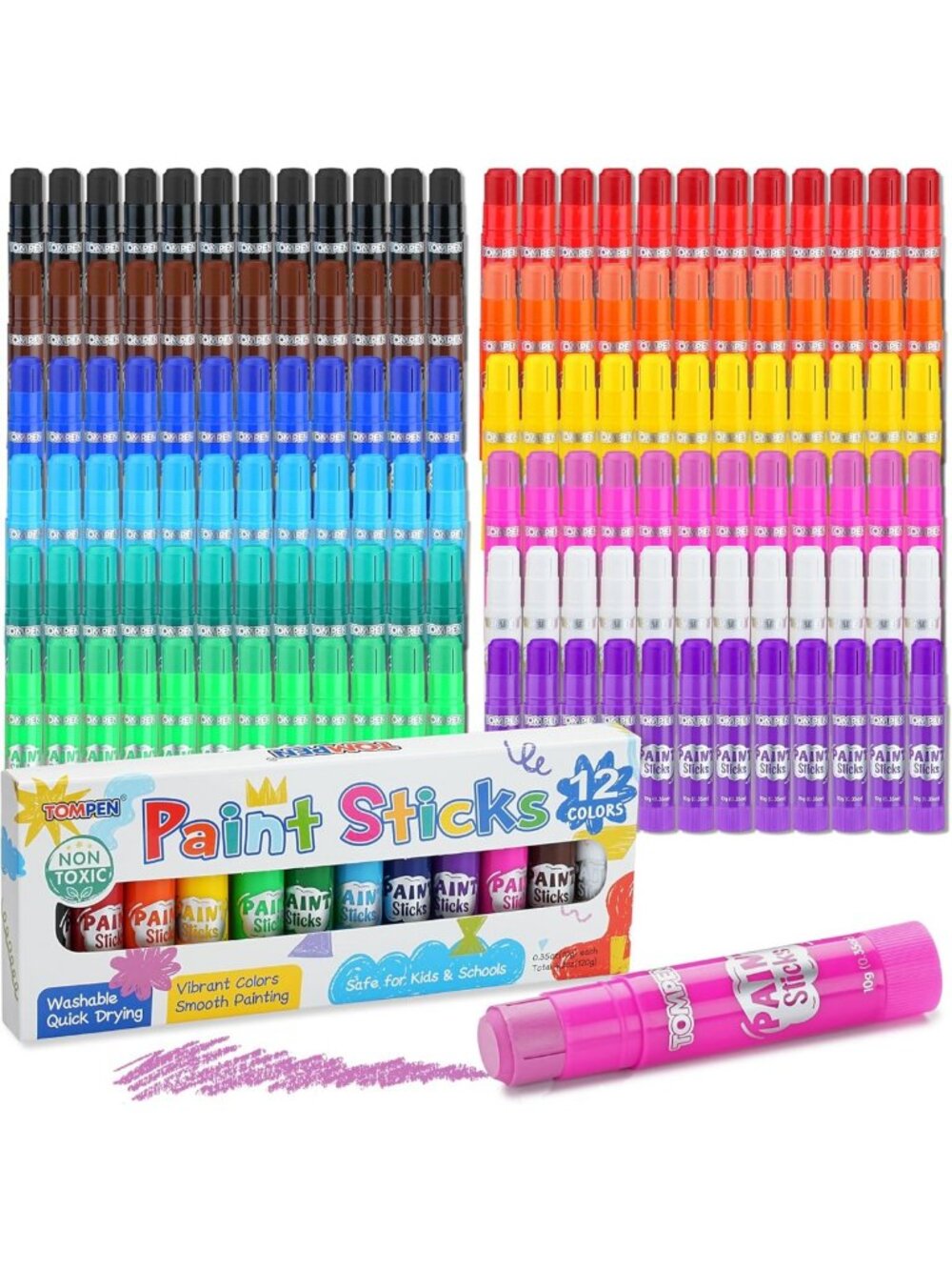 Vibrant Tempera Paint Sticks for Kids & Artists - 144 Pack, 12 Colors, Bulk Set